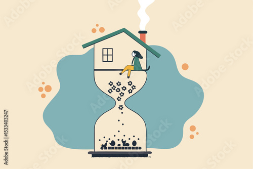 Coronavirus outbreak stay at home time count down, people stay home wait until vaccine discover or all virus gone concept, young woman stay at home on sandglass time count down with virus pathogen.