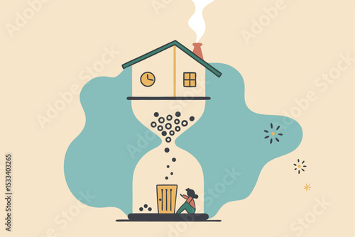Coronavirus outbreak stay at home time count down, people stay home wait until vaccine discover or all virus gone concept, young woman stay at home on sandglass time count down with virus pathogen.