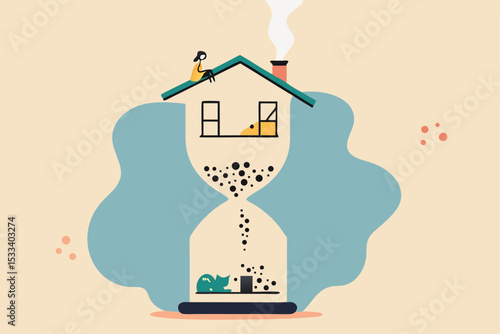 Coronavirus outbreak stay at home time count down, people stay home wait until vaccine discover or all virus gone concept, young woman stay at home on sandglass time count down with virus pathogen.