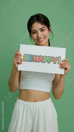Holding Positive Sign Smiling Young Person On Green Background
