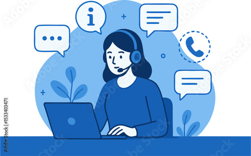 Customer service representative attends clients via laptop