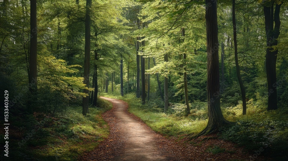 Fototapeta premium Sunlight Dappled Trail Winding Through Lush Green Deciduous Woodland, Peaceful Nature Scene.