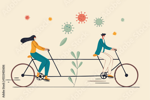 Social distancing, people keep distance in public to protect from COVID-19 Coronavirus outbreak spreading concept, couple man and woman keep distance away on tandem bicycle with Coronavirus pathogens.