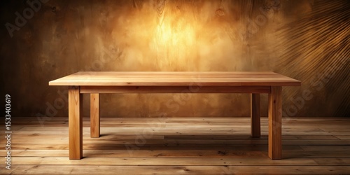 Empty wooden table on rustic floor against textured wall with warm lighting