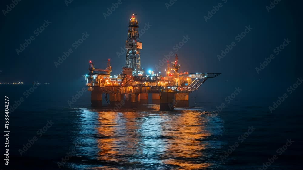 Offshore Oil Rig Illuminated at Night Reflecting on Calm Sea Offshore Oil Rig Illuminated at Night Reflecting on Calm Sea