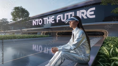 Woman Sitting Relaxing Near Modern Building Outdoors Futuristic Woman in Silver Sitting Outside Modern Tech Building - Into The Future