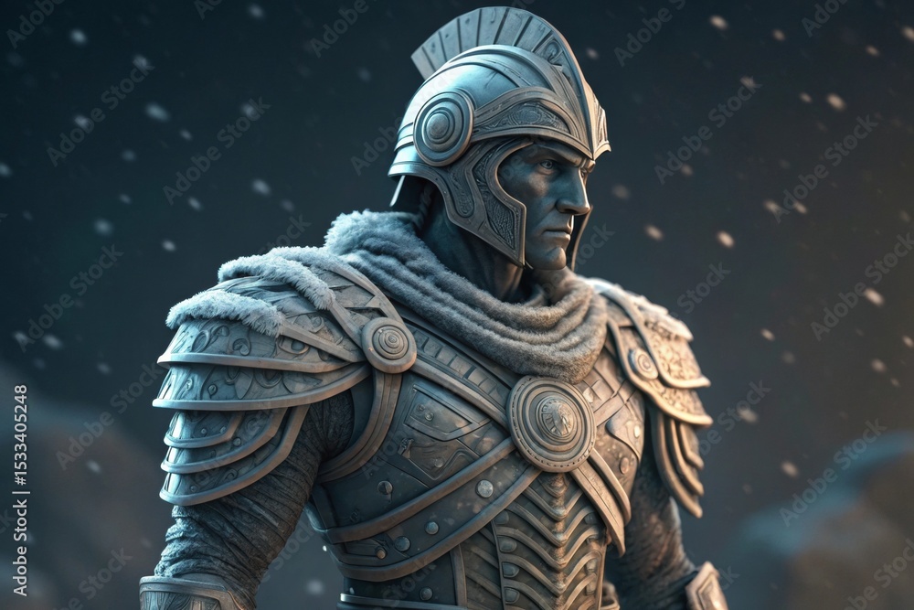 Fototapeta premium A detailed digital artwork of a Roman warrior clad in ornate armor and a fur cloak, standing resolutely amidst falling snow.