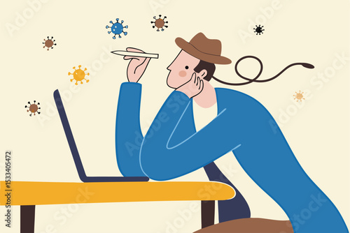 Coronavirus COVID-19 working at home and exhausted or burn out, low morale during social distancing quarantine or self isolation concept, boring and exhausted and low battery man working at home.