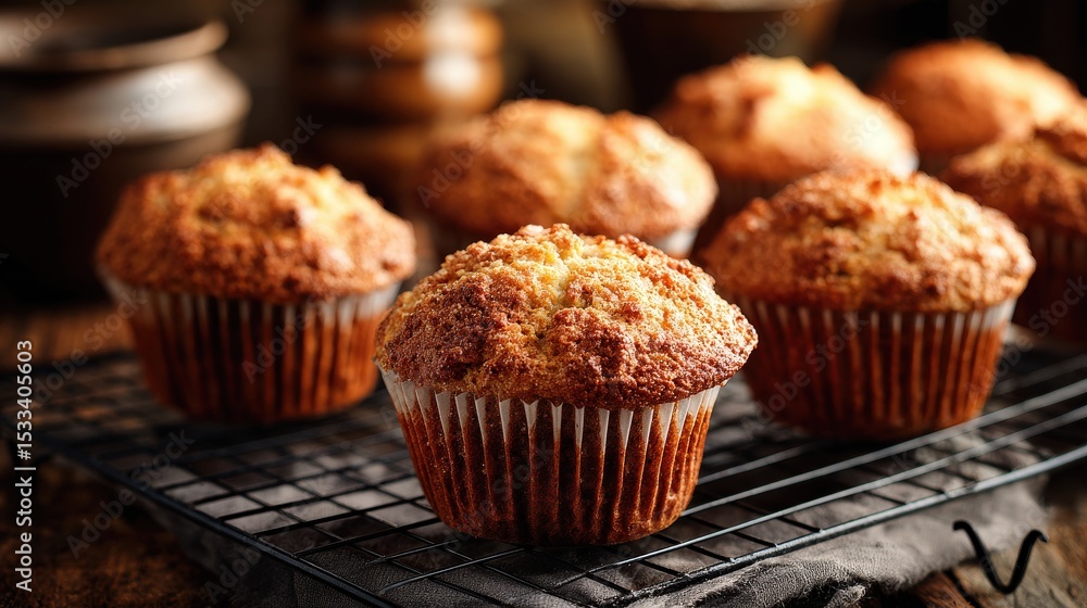 A few muffins are sitting on a cooling rack. The muffins are golden brown and appear to be freshly baked A few muffins are sitting on a cooling rack. The muffins are golden brown and appear to be freshly baked