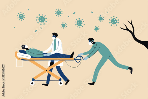 Emergency case for Coronavirus critical patient concept, doctor with medical team riding bed with critical Coronavirus COVID-19 pneumonia patient to emergency room with extra treatment, virus pathogen