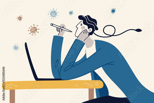 Coronavirus COVID-19 working at home and exhausted or burn out, low morale during social distancing quarantine or self isolation concept, boring and exhausted and low battery man working at home.