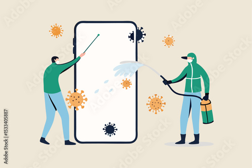 Coronavirus prevention clean your phone, sanitize smartphone and disinfect COVID-19 Coronavirus concept, medical and cleaning service worker with full protective gear sanitize and disinfect cellphone.