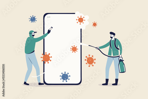 Coronavirus prevention clean your phone, sanitize smartphone and disinfect COVID-19 Coronavirus concept, medical and cleaning service worker with full protective gear sanitize and disinfect cellphone.