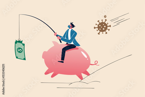 Coronavirus crisis money stimulus policy, QE or money injection to aid economics and business to survive in COVID-19 outbreak, businessman riding piggy bank fishing with money banknote run from virus.