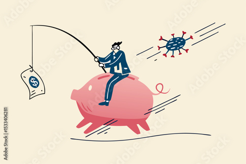 Coronavirus crisis money stimulus policy, QE or money injection to aid economics and business to survive in COVID-19 outbreak, businessman riding piggy bank fishing with money banknote run from virus.