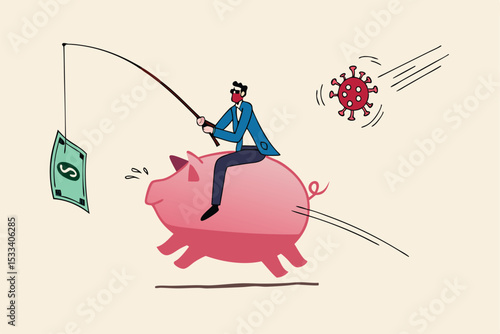 Coronavirus crisis money stimulus policy, QE or money injection to aid economics and business to survive in COVID-19 outbreak, businessman riding piggy bank fishing with money banknote run from virus.