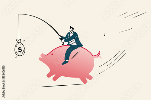 Coronavirus crisis money stimulus policy, QE or money injection to aid economics and business to survive in COVID-19 outbreak, businessman riding piggy bank fishing with money banknote run from virus.