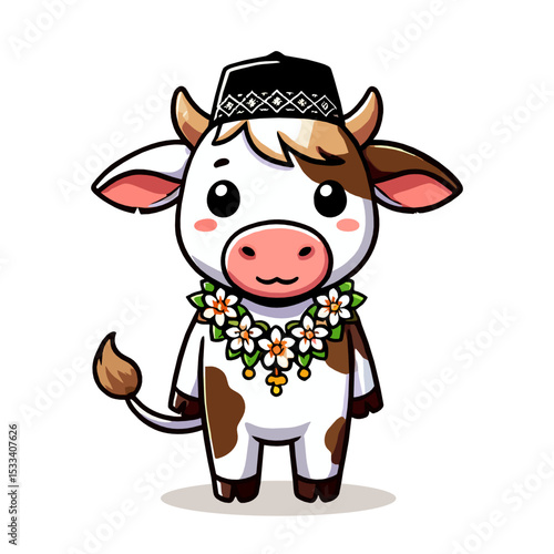 Cute Cartoon Cow Wearing Muslim Hat and Flower Wreath Vector Illustration