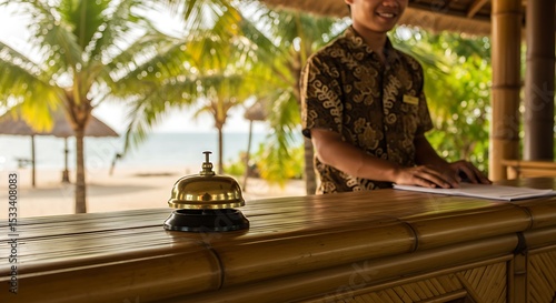 Tropical Resort Reception Desk with Service Bell and Ocean View