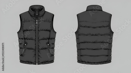 Padded warm collarless style gilet. Puffer vest. Vector technical sketch. Mockup template.