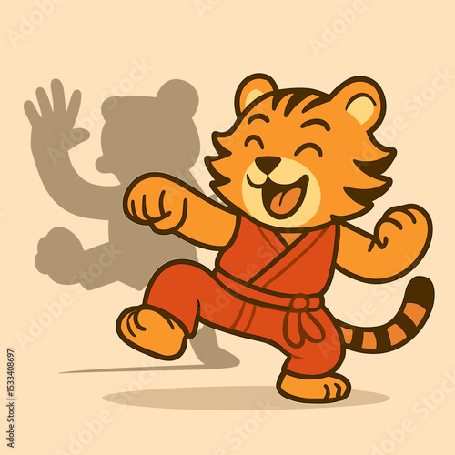 A cartoon tiger doing kung fu against its own shadow, mimicking moves with exaggerated energy. Wearing a red sleeveless suit, large paws in dramatic stances. Soft background.
