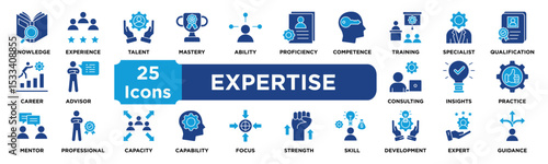 Expertise icon collection set. Containing knowledge,experience,talent,mastery,ability,proficiency,competence,training,specialist,qualification icon. dual tone vector.