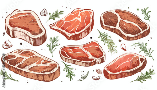 Hand-Drawn Steak Sketch Collection – Vintage Meat Cuts Illustration Set for Butchery or Menu Design