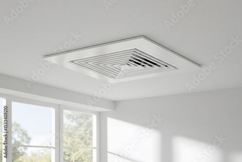 Ceiling mounted duct fan with air vent for bathrooms or kitchens to remove humidity and odors, Plastic grille for air conditioning vents on the ceiling, a white square ceiling vent, modern design.