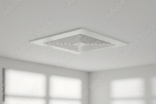 Plastic grille for air conditioning vents on the ceiling, a white square ceiling vent, modern design, Ceiling mounted duct fan with air vent for bathrooms or kitchens to remove humidity and odors.