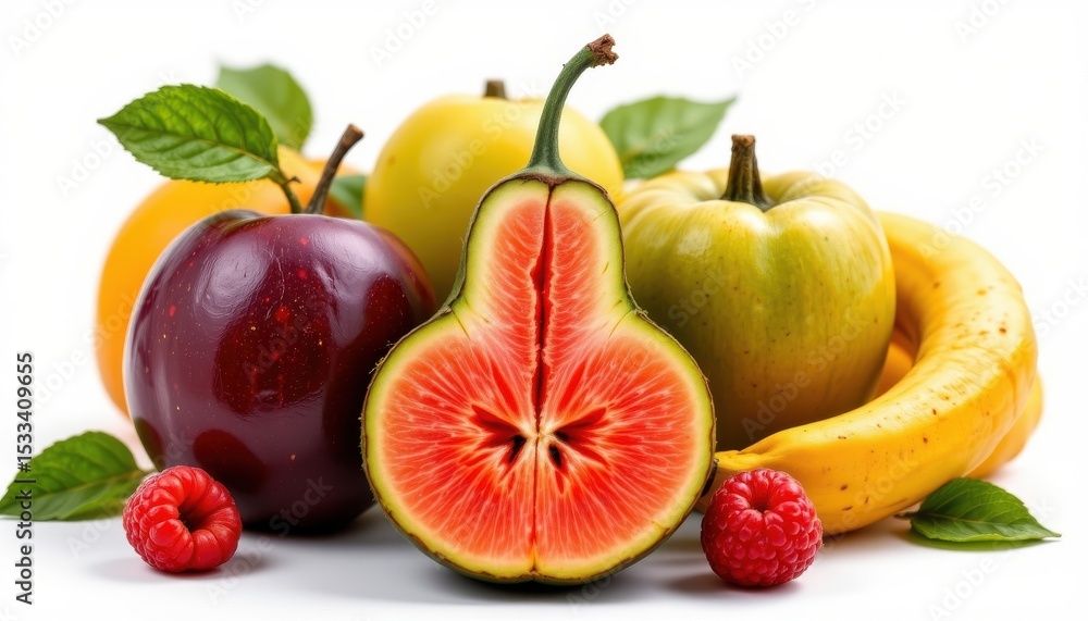 a highly detailed, hyper realistic fresh unique fruit or vegetable species 130, isolated at the center of the frame on pure white background, floating display, no shadows a highly detailed, hyper realistic fresh unique fruit or vegetable species 130, isolated at the center of the frame on pure white background, floating display, no shadows