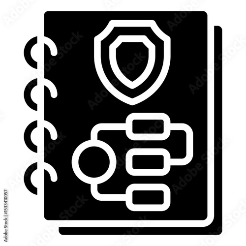 Safety Handbook Glyph Black Fill Silhouette - Spiral handbook with flowchart and shield, symbolizing organized safety protocols and training modules