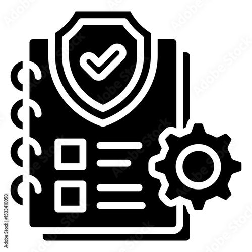 Safety Manual Glyph Black Fill Silhouette - Notebook with checklist, shield, and gear, representing documented safety procedures and protected protocols