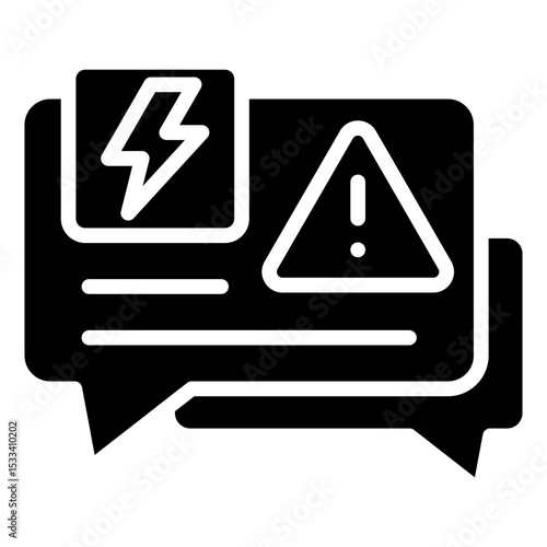 Hazard Notification Glyph Black Fill Silhouette - Speech bubbles with hazard signs and lightning, representing verbal or written warning communications