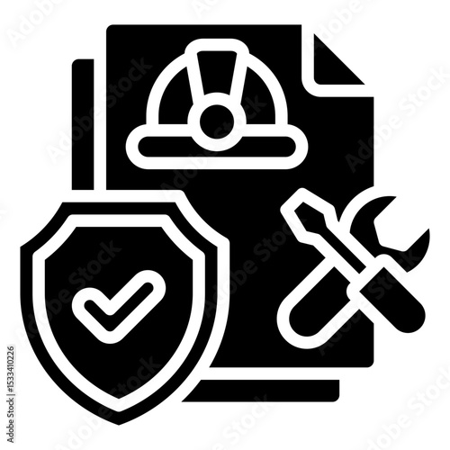 Protected Manual Glyph Black Fill Silhouette - Tools and helmet document with shield, symbolizing safety-approved procedures and secure operations