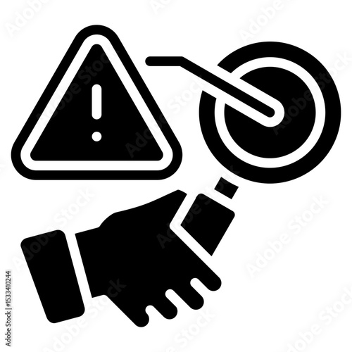 Risk Investigation Glyph Black Fill Silhouette - Hand, warning sign, and magnifier representing collaborative risk analysis and resolution