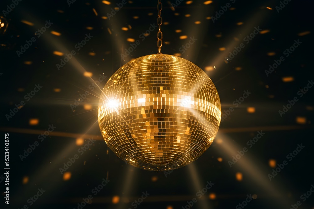 Obraz premium a festive and celebratory atmosphere, A golden disco ball hanging from a chain, light rays and sparkles, A large golden disco ball hanging in a dark room, beams of light and sparkling lights