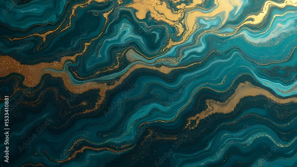 Intricate fluid art texture combining teal hues and golden accents Intricate fluid art texture combining teal hues and golden accents