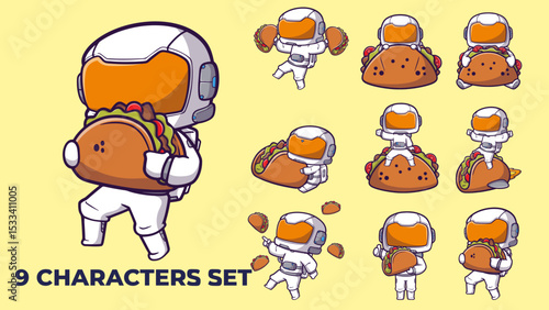 A cartoon character is holding a taco in his hand. The image is a set of nine different characters, each with a unique pose and expression