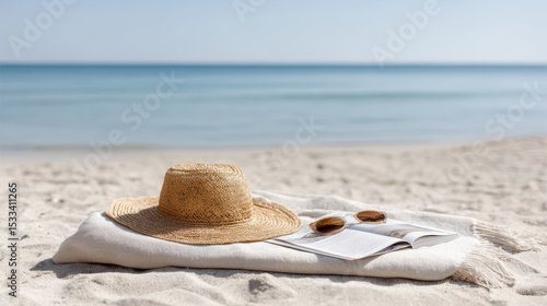 serene beach scene featuring straw hat magazine and sunglasses resting on light towel