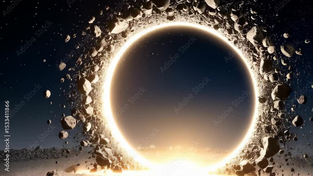 Dramatic space scene with a circular portal surrounded by asteroids and rocky terrain, celestial backdrop, sci-fi concept.