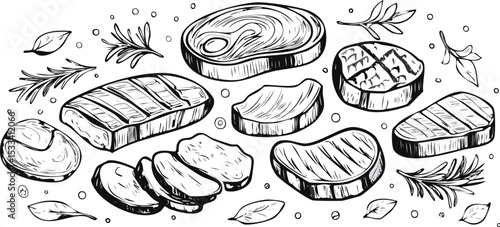 Hand-Drawn Steak Sketch Collection – Vintage Meat Cuts Illustration Set for Butchery or Menu Design