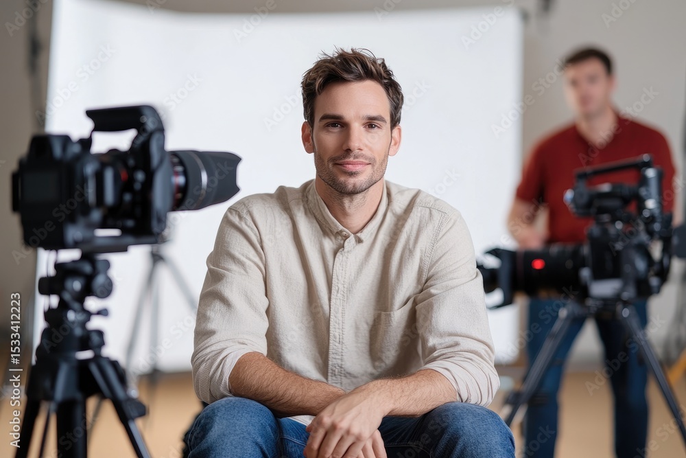 Man seated in front of cameras Man seated in front of cameras