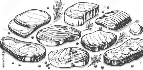 Hand-Drawn Steak Sketch Collection – Vintage Meat Cuts Illustration Set for Butchery or Menu Design