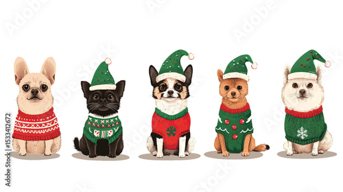 Festive Christmas Costumes for Pets in Cute Vector Set, Pets in Christmas Costumes