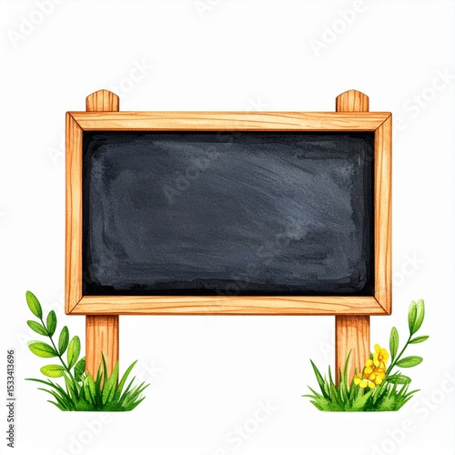 Blank Wooden Chalkboard Sign with Green Plants