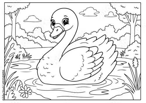 cute swan cartoon outline line art vector illustration for coloring page for chidren's kids, transparent background