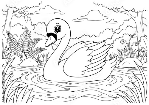 cute swan cartoon outline line art vector illustration for coloring page for chidren's kids, transparent background