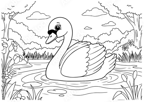cute swan cartoon outline line art vector illustration for coloring page for chidren's kids, transparent background