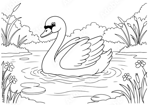 cute swan cartoon outline line art vector illustration for coloring page for chidren's kids, transparent background
