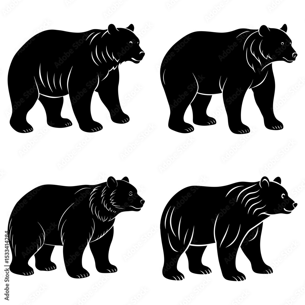 Fototapeta premium Four black bear silhouettes in various poses standing on a white background in a repeating pattern design